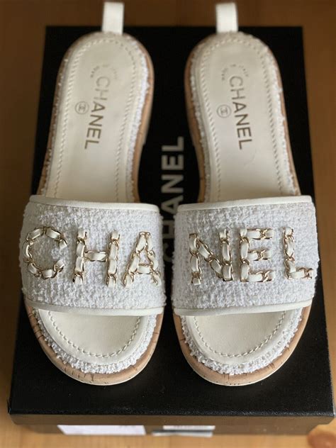 chanel gold rhinestone signature platform peach and white mules slides|chanel sandals canada.